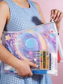 4pcs Dreamy Pink-Purple Gradient Starry Sky Design File Bags, Interwoven Nebula, Moon And Glitter Elements, Full Of Girlish Charm, First Day Of School - Multicolor - View 1