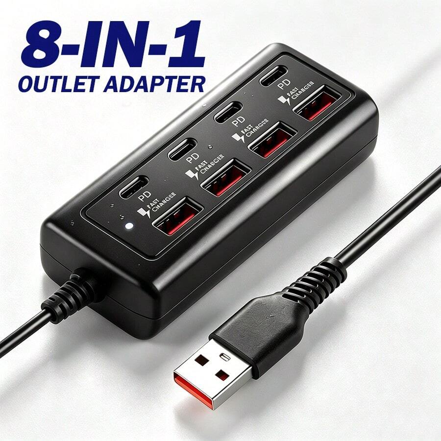 8-In-1 USB Hub With 4 USB And 4 Type-C Ports For Fast Charging, 25W PD Fast Charging And Data Transfer - Compact Multi-Port Adapter Compatible With USB Devices, Laptops, Tablets, Smartphones, Flash Drives, External Hard Drives And More
