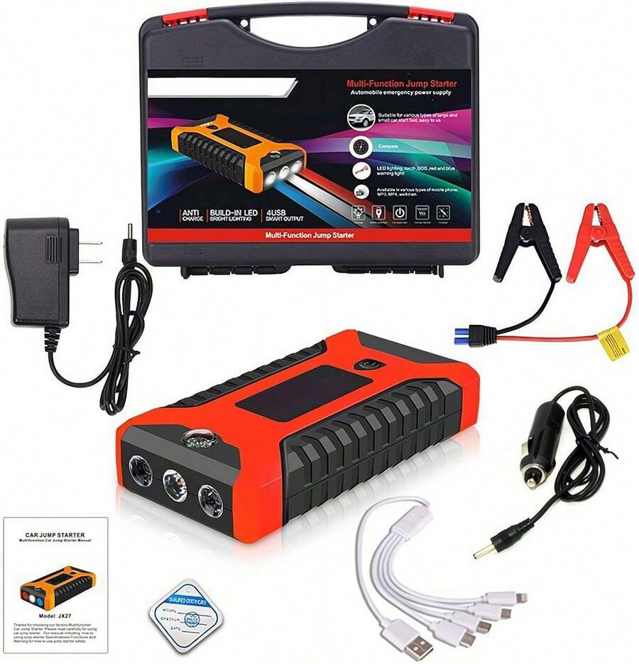 Arrancador de Batería 12V para Auto 99800mAh, Power Bank Portátil con Linterna LED, Pinzas, Cables y Estuche, Viajes - 1 - Ver 1