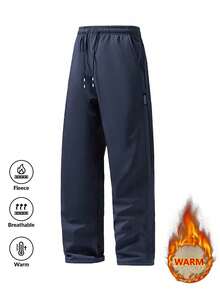 Men's Fleece Lined Straight Leg Pants, Breathable Warm Drawstring Elastic Waist Casual Long Pants - Navy Blue - View 2