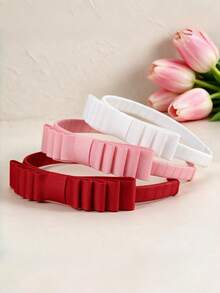 4pcs Girly Solid Color Minimalist Ribbed Ribbon Bow Headbands, Suitable For Daily Wear And Back To School Season - Multicolor - View 3