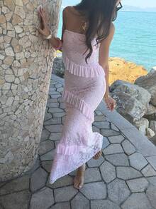 Elegant Women's Pink Strapless Lace Long Dress, Sleeveless Bodycon Silhouette With Tiered Ruffle Details, Perfect For Formal Events Or Gowns. - Pink - View 3