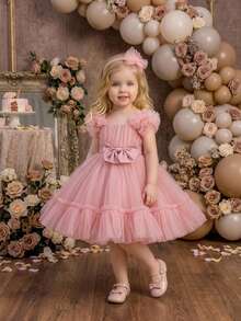 Baby Girls Tulle Bow Cute Birthday Dress, Suitable For Flower Girl Princess Gown, Comes With Headband - 藕粉色 - 查看 5