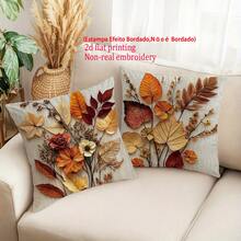 2 fundas de almohada de otoño, con patrón de hojas y flores vintage en color marrón óxido, impresión plana 2D no bordada, de tela de poliéster con cremallera impresa por un solo lado, decoración de otoño y cosecha de Acción de Gracias para el hogar, adecuada para suministros de fiesta, sofá, cama y silla del hogar, decoración de patio rústico - Óxido marrón - View 1