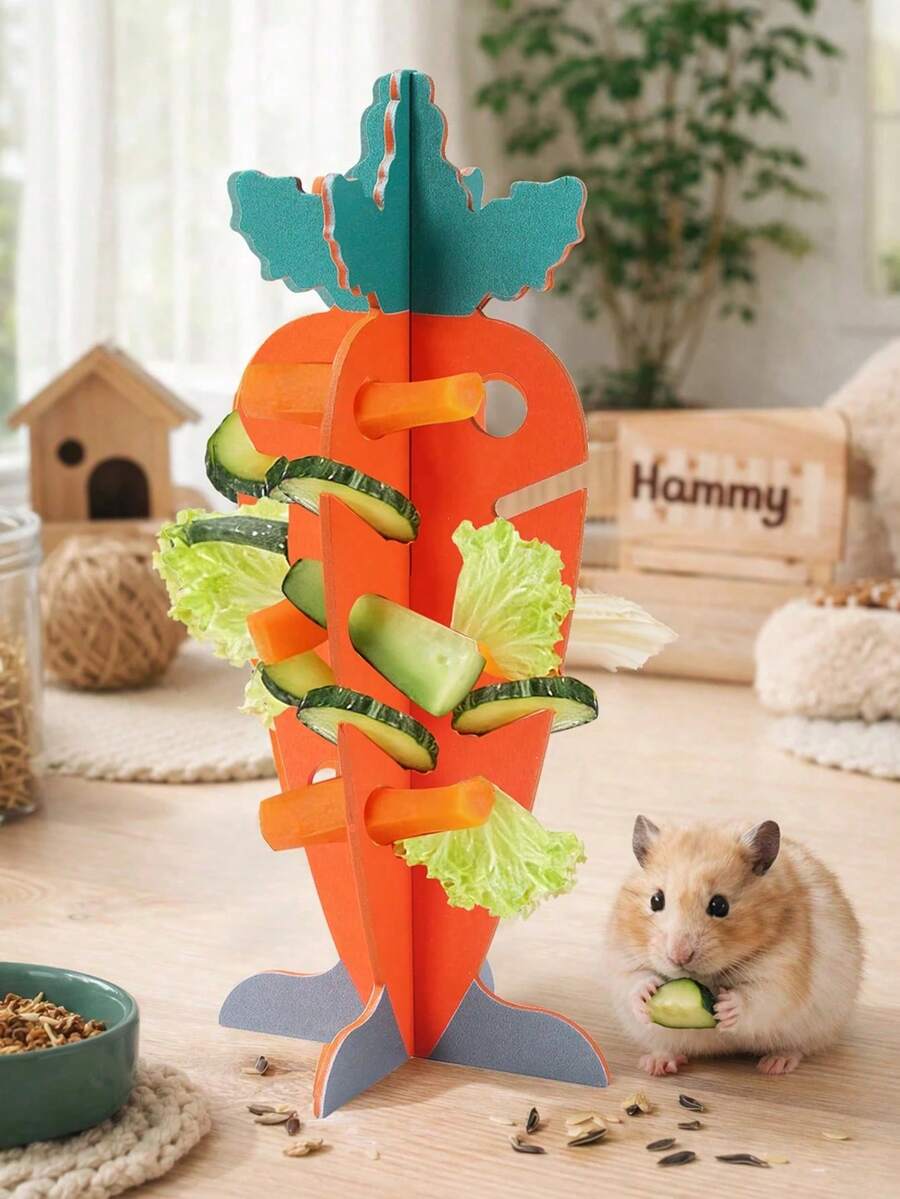 1 Set Carrot Shaped Wooden Pet Feeding Rack, Small Animal Vegetable Feeding Rack, Rabbit/Guinea Pig Interactive Snack Rack, Pet Food Dispenser, Vegetable/Hay/Leaf Feeding Rack, Decorative Feeding Device For Small Pets
