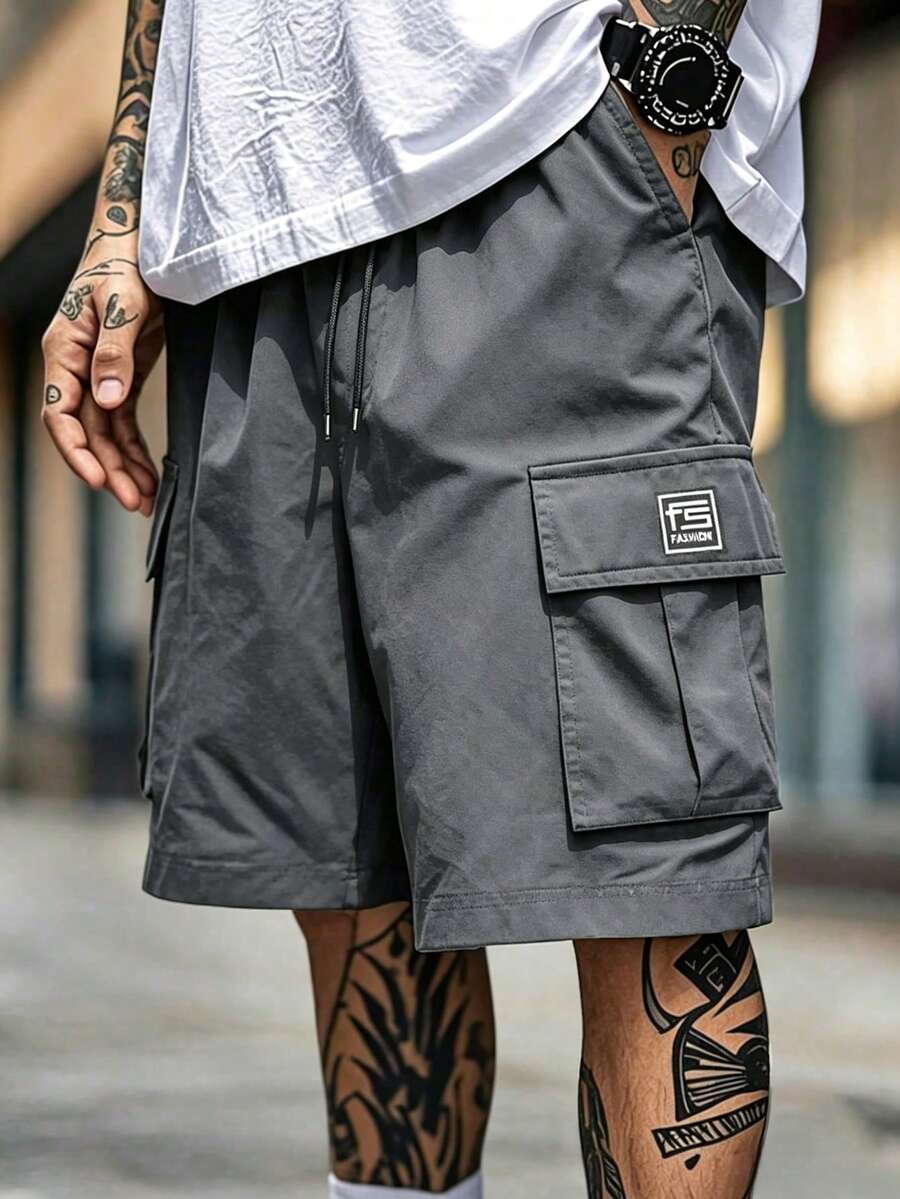 [High Street]Minimalist Multi-Pocket Solid Color Functional Cargo Shorts, Label Straight Leg 5-Inch Shorts, With Adjustable Elastic Drawstring, Suitable For Daily Wear, Fitness, Running, And Outdoor Activities - Grey - View 1