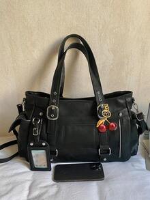 Fashionable Large Capacity Multi Pocket Solid Color Shoulder Bag, Simple Retro Punk Style Daily Underarm Bag, Suitable For Commuting, Daily Outings - Black - View 11