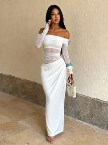 Women's Summer White Valentine Dress, Off-Shoulder Mesh Sheer Ruched Maxi Dress, Elegant For Formal Parties, Dates & Beach Wedding Party Fall - White - View 3