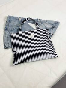 Striped Casual Large Capacity Minimalist Shopping Vacation College Tote Bag - Black - View 6