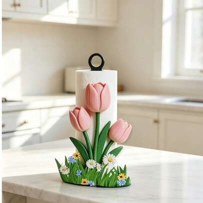 Estante de Toallas de Cocina Acrílico Plano 2D - 1 Estante de Toallas de Cocina con Forma de Tulipán Hermoso, Elegante y Hermoso Soporte de Toallas de Papel de Escritorio, Utilizado para Almacenamiento. No Incluye Toallas o Estante de Almacenamiento de Tela. Regalo Divertido.