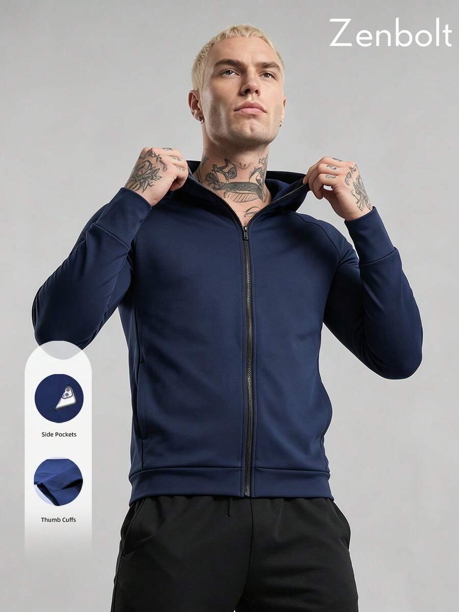 Zenbolt Everyday Zip Hooded Top, Full Front Zipper Placket, Raglan Sleeves,Thumb Loop Cuffs,Comfort Slim Cut For Multiple Daily Scenes - Navy Blue - View 1