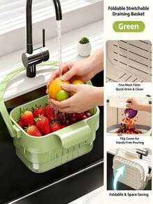 Expandable Foldable Hanging Sink Strainer Basket With Lid, Kitchen Multi-Function Faucet Storage Rack, Fruit Vegetable Utensil Food Filter Basket, Space-Saving Vegetable Washing Strainer - Multicolor - View 2