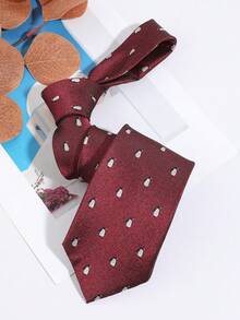 1PC Fashion Casual Men's Exquisite Penguin Pattern Tie, Comfortable Versatile Suitable For Daily Wear, Shopping, Party, Date - Red - View 4