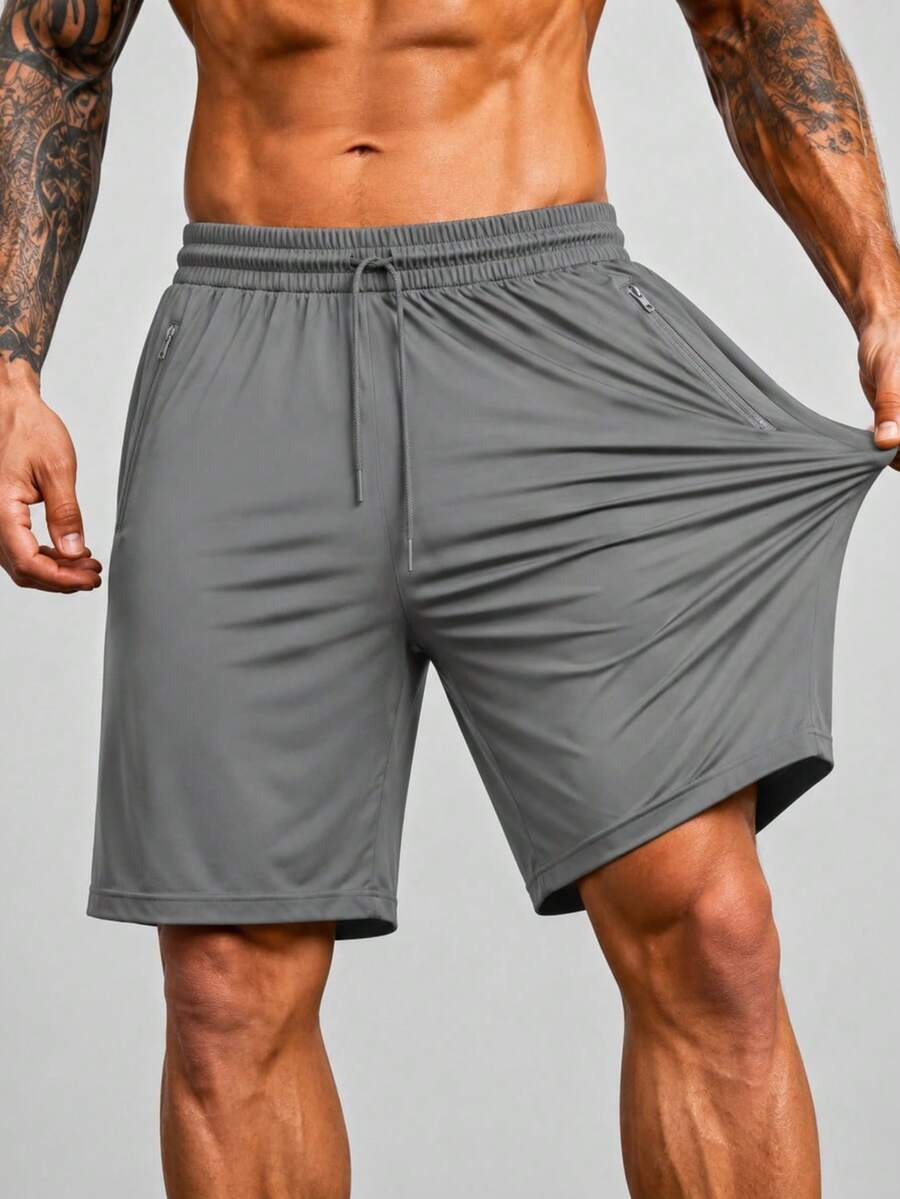 Men's Bermuda Shorts With Zipper, Gym, Sports, Beach, Breathable & Lightweight Polyamide - Gris Oscuro - Ver 1
