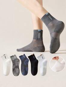 1/5 Pairs Fashion Versatile Comfortable Soft Anti-Slip Durable Mesh Letter Mid-Calf Socks For Men, Suitable For Daily Wear, Sports And More - Multicolor - View 10