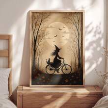 1pc Framed Canvas Wall Art Decor, Vintage Dark Academia Style Witch Riding Bicycle With Black Cat In Basket, Full Moon Autumn Silhouette Canvas Painting, Autumn Maple Tree Bat Dark Mood Halloween Oil Painting Print Poster, Quirky Pastoral Farmhouse Dark Aesthetic Decorative Wall Art, Suitable For Modern Home Decor, Room Decor, Halloween Decor, Halloween Poster, Witch Art, Gothic Poster, Halloween Home Decor, Halloween Gift - Witch - View 6