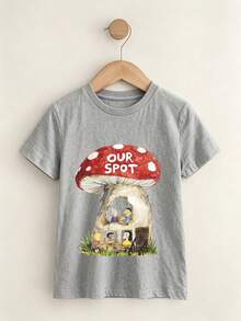 3-Pack Tween Girl Heather Gray T-Shirts, DTG Mushroom Tree House "Our Spot" Watercolor Cotton Tee Set - Gray + Gray + Gray - View 4