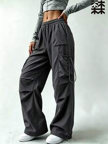 mulinsen Women's Drawstring Waist Cargo Pants, Casual Wide Leg Multi-Pocket Parachute Pants, Loose Street Style Tapered Leg Long Pants - Dark Grey - View 4