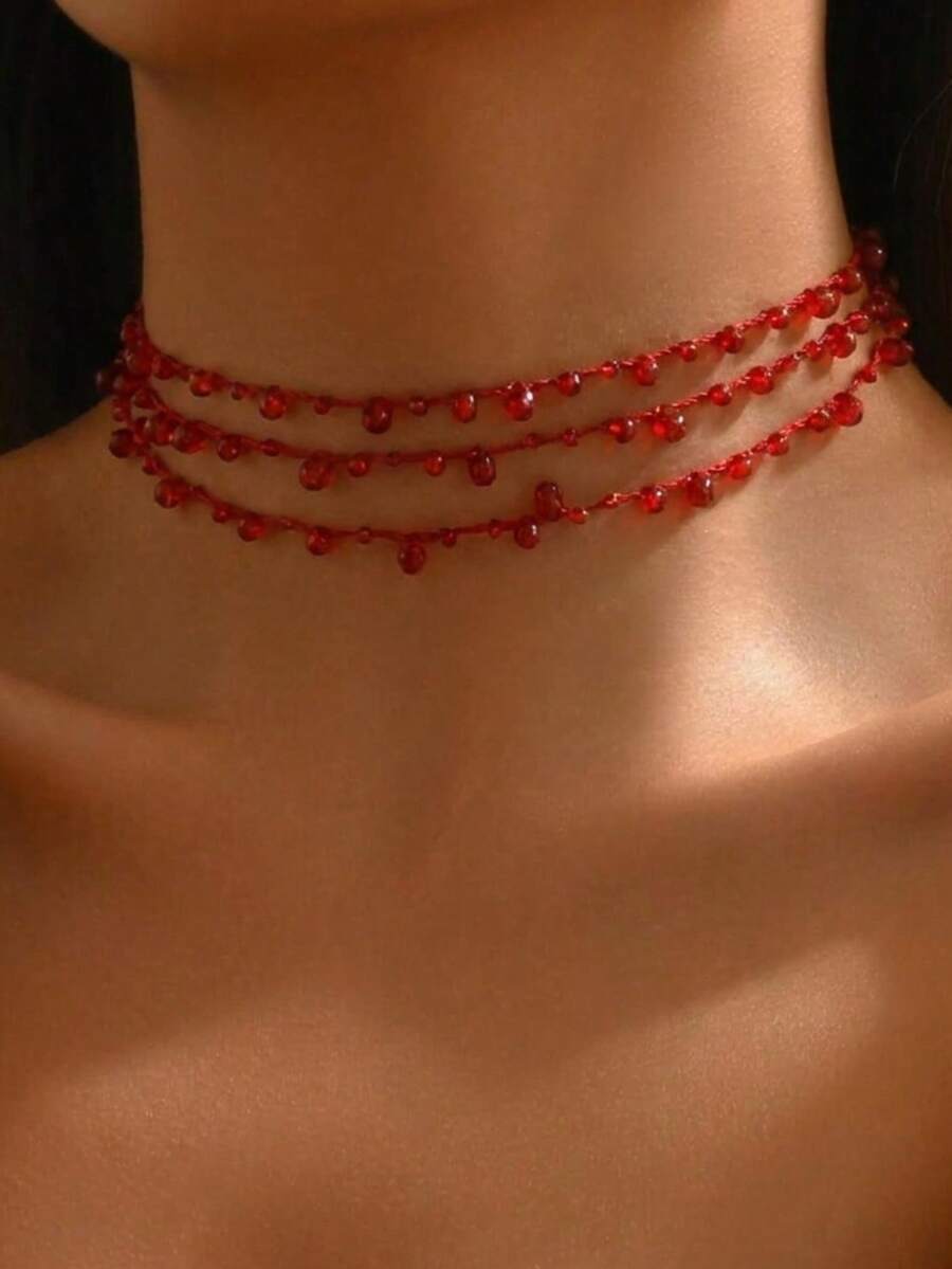 1pc Bohemian Red Bead Layered Necklace Translucent Teardrop Tassel Multi-Layer Rope Chain Summer Beach Vacation Party Women's Halloween Neck Jewelry - Red - View 1