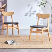 Set Of 2, Dining Chair With Rattan Backrest Made Of Solid Wood, Single Item - Wood - View 5