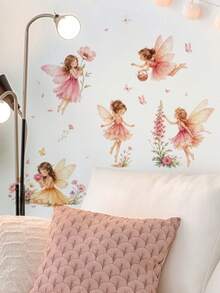 1pc Pink Wings Girl Floral Butterfly Wall Decor Sticker, Removable Room Decoration Wall Decal For Bedroom, Living Room, Girls' Children's Room - 1PC - View 2