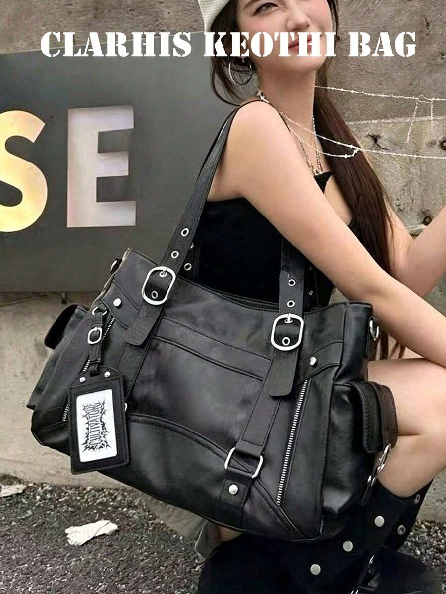Minimalist Women's Utility Tote Bag In Black, With Zipper Compartments, Buckle Strap Design And Spacious Storage For Casual Outings And Travel - Black - View 1