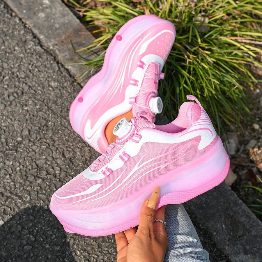 Teenager Twist-Lock Retractable Roller Skates & Walking Shoes, Dual-Use Casual Skating Shoes - Pink - View 1