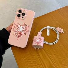 5件組 粉色與白色蜘蛛圖案手機殼 + 充電頭保護套 + 線材保護套 + 收納繩 TPU 防震保護殼，相容 Apple 17 16e 16 15 14 13 12 11 Mini Pro Max Air X XR XSMAX 8 7 Plus，防摔磨砂背蓋，智慧型手機保護殼，日常使用殼，時尚手機配件，創意設計，UV 印刷設計，時尚保護殼，時尚愛好者，音樂愛好者，生日禮物首選 - 彩色 - 查看 2