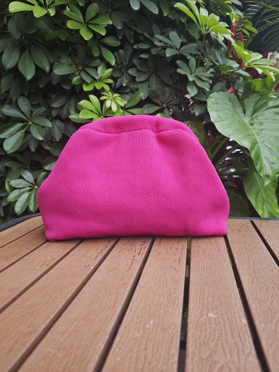 Women's Knitted Clutch Bag, Solid Color Knitted Design, Clasp Closure, Large Capacity, Classic Vintage Style, Suitable For Vacation And Travel. - Hot Pink - View 1