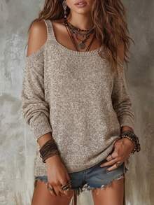 Autumn/Winter New Off-Shoulder Knitted Sweater For Women, Oatmeal Color, Slouchy, Camisole Design - Yan - View 4