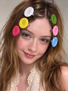 6 pezzi/12 pezzi Fermagli per capelli da donna con grandi bottoni rotondi color caramella, fermagli laterali singoli Y2K carini con colori dopamina brillanti, accessori per capelli dolci per ragazze, adatti per acconciature versatili quotidiane con frangia spezzata - Multicolore - Visualizzare 5