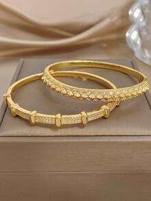 1Pc/Set Elegant Gold Plated Rectangular Shiny Zirconia Stack Bangle Bracelet Set,Gold Jewelry For Women,Daily,Party,Wedding,Valentine Gifts,Christmas - Multicolor - View 4