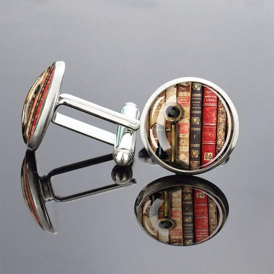 1 Pair Cufflinks Glass Inlay Vintage Bookshelf Design Elegant Men's Gift Fashion Accessory Classic Reading Theme Decorative Sleeve Buttons - Silver - View 1