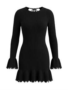Autumn/Winter Casual Ruffle Knit Dress - Black - View 7