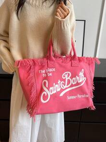Bolso Tote de Lienzo Dopamina con Borlas, Bolso de Hombro y Mano de Gran Capacidad para Viajes Diarios - Rosa - Ver 3