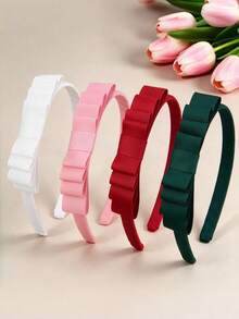 4pcs Girly Solid Color Minimalist Ribbed Ribbon Bow Headbands, Suitable For Daily Wear And Back To School Season - Multicolor - View 2