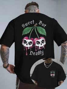 T-shirt noir rétro | T-shirt homme décontracté rétro, style streetwear, tailles S-3XL | Crâne de cerisier à la fois doux et mortel avec des gouttes de sang et des feuilles vertes. - Noir - Voir 1