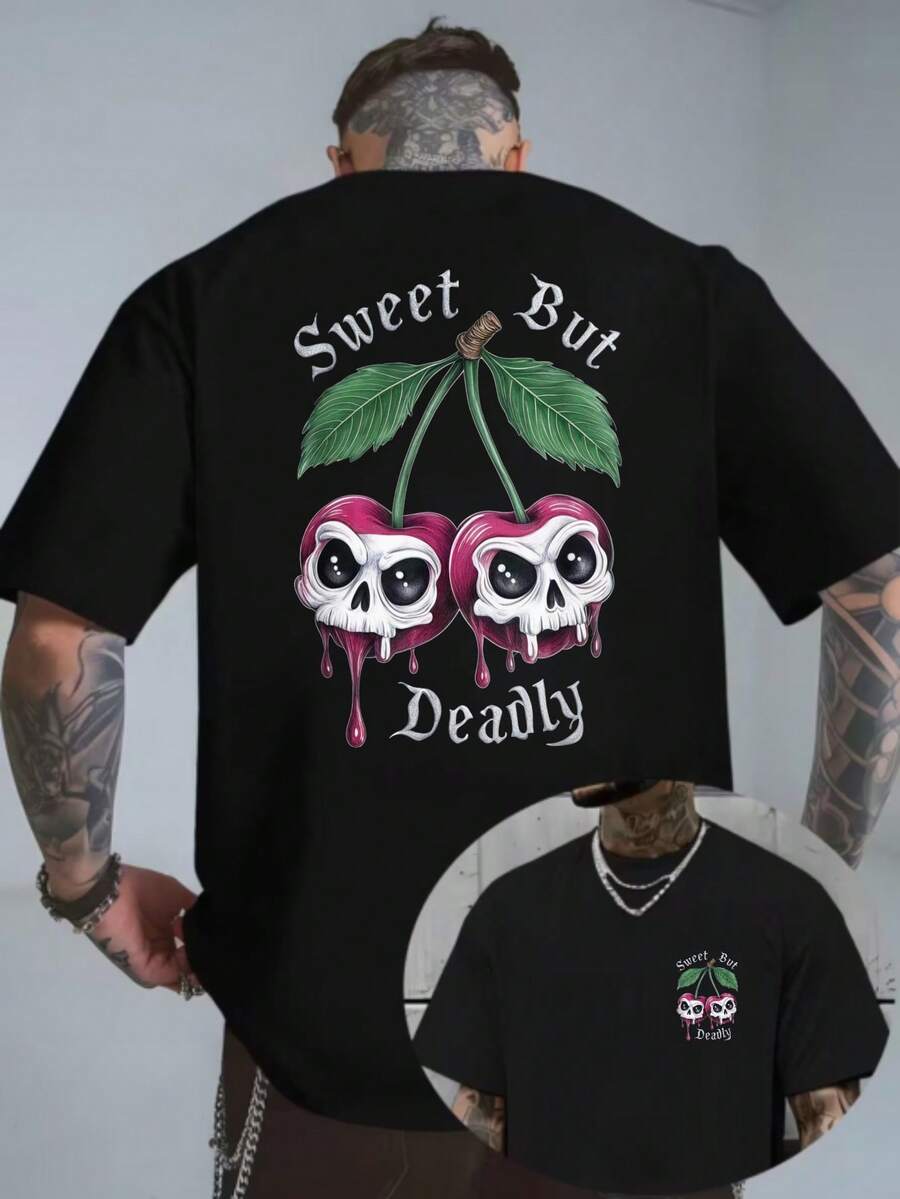 T-shirt noir rétro | T-shirt homme décontracté rétro, style streetwear, tailles S-3XL | Crâne de cerisier à la fois doux et mortel avec des gouttes de sang et des feuilles vertes. - Noir - Voir 1