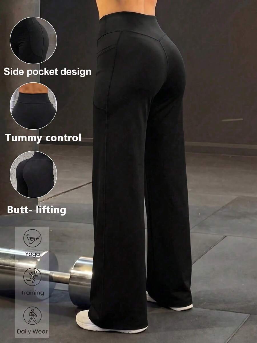 Women's High Waist Wide Leg Sports Pants, Tummy Control & Butt Lift, Suitable For Gym, Yoga, Running, Daily Wear, Outdoor, Fashionable Outfit, Solid Color, All Season