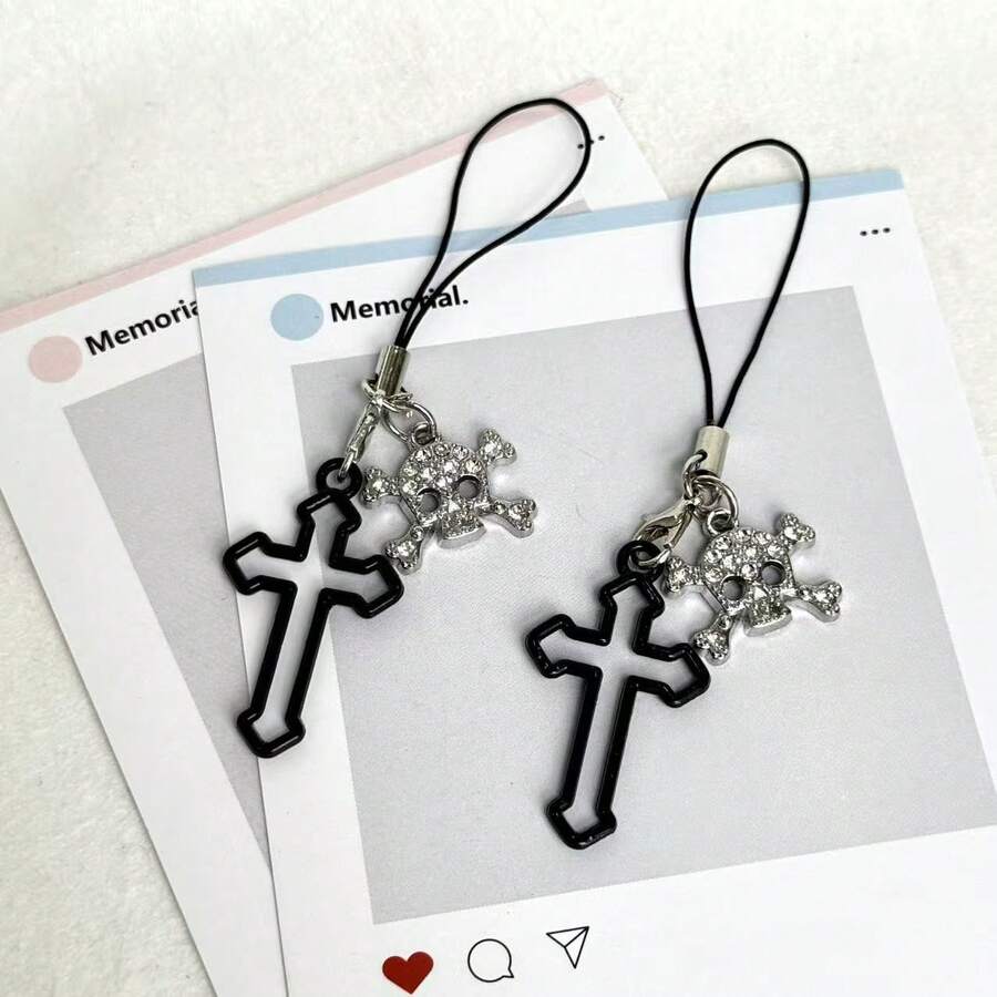 1pc Hollow Cross Skull Phone Charm, Niche Subculture Phone Chain, Small Gift For Meeting