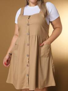 New Plus Size Linen Button-Down Short Dress With Pockets - Mocha Brown - View 3