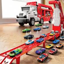 TEMI Truk Mainan Anak 2-in-1 dengan Dua Jalur, Cocok untuk Anak Usia 3 Tahun ke Atas, Termasuk 12 Mobil Kecil, Tinggi Dapat Diatur dan Dua Jalur Dapat Diperpanjang, Hadiah Ulang Tahun dan Natal yang Ideal - Merah - View 7