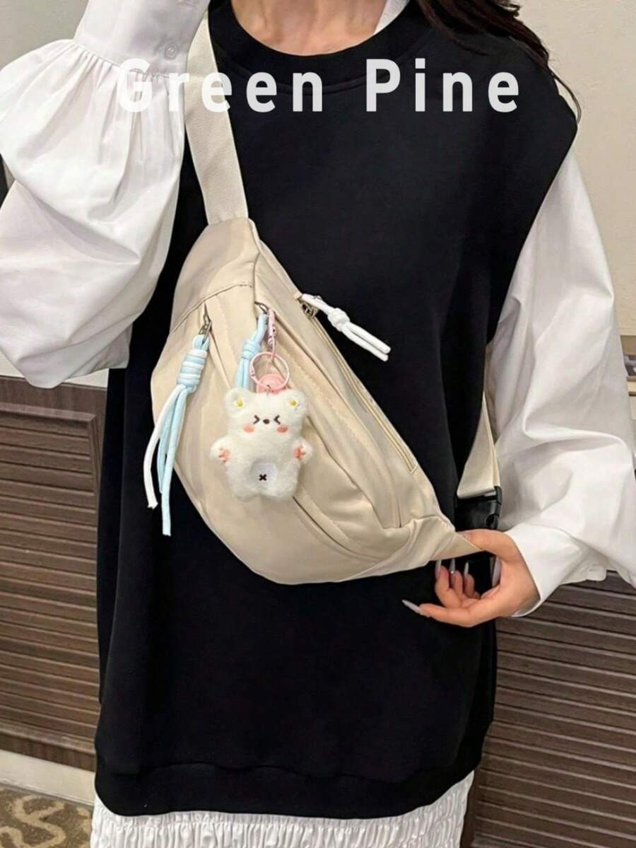 可愛純色女款斜挎包，適合學生夏季街頭風，多功能腰包附泰迪熊吊飾