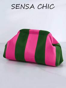 Ladies Color Block Striped Textured Clutch Purse, Elastic Fabric Handbag, Compact Stylish Accessory For Summer Outfits - Multicolor - View 3