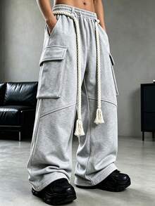HEYKESON Men's Twisted Tassel Drawstring Cargo Loose Wide Leg Sweatpants - Light Grey - View 6