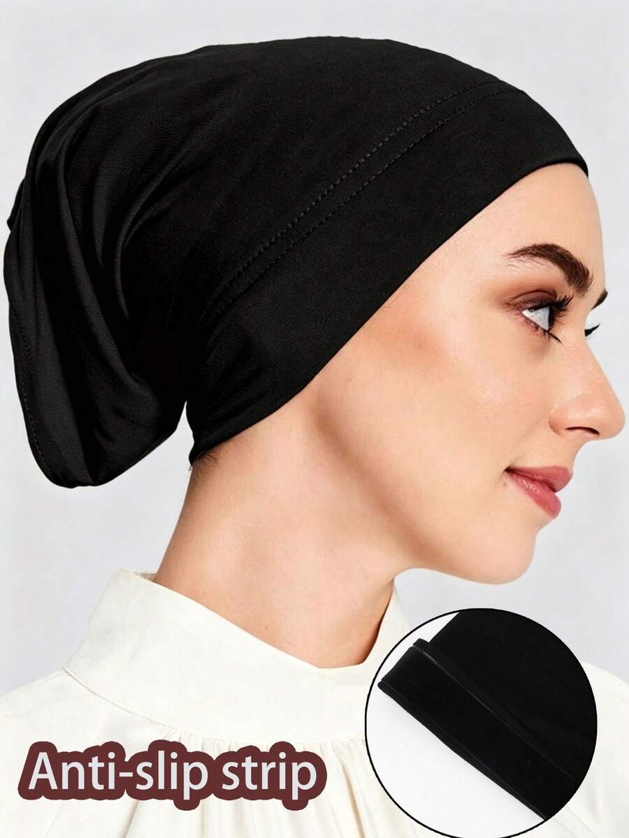 1pc Women's Solid Color Hijab Inner Cap With Velvet Anti-Slip Strip, Soft Daily Headwear Inner Cap - Velvet Non-slip - Black - View 1