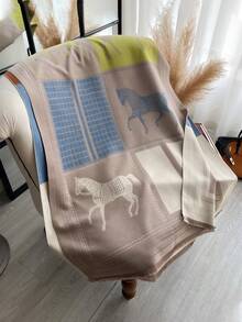 1件女款雙面仿羊絨高端馬紋提花保暖圍巾披肩，適合秋冬日常使用 - 卡其色 - 查看 6