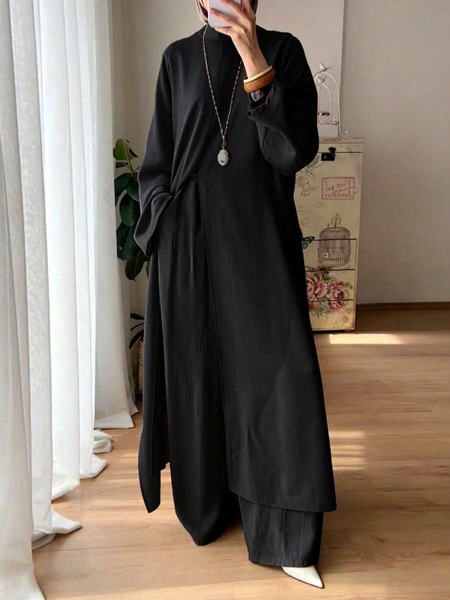 女款休閒極簡立領長袖開衩下擺上衣與寬鬆長褲兩件套，純色，春秋冬季優雅黑色