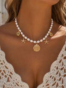 1pc Summer Ocean Golden Shell & Starfish Pendant Pearl Beaded Necklace For Women - Multicolor - View 10