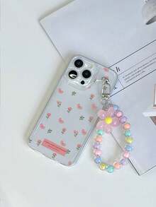 #Android#1pc Transparent TPU Soft Bean Paste Pink Flower Butterfly English Slogan Pattern Full Coverage Phone Case And 1pc Pink Flower Colorful Bead Bracelet Phone Charm, Suitable For Versatile Phone Case/Transparent Phone Case/Interesting Phone Case/Android Phone Case/ Phone Case/ Phone Case/ Phone Case - Multicolor - View 4